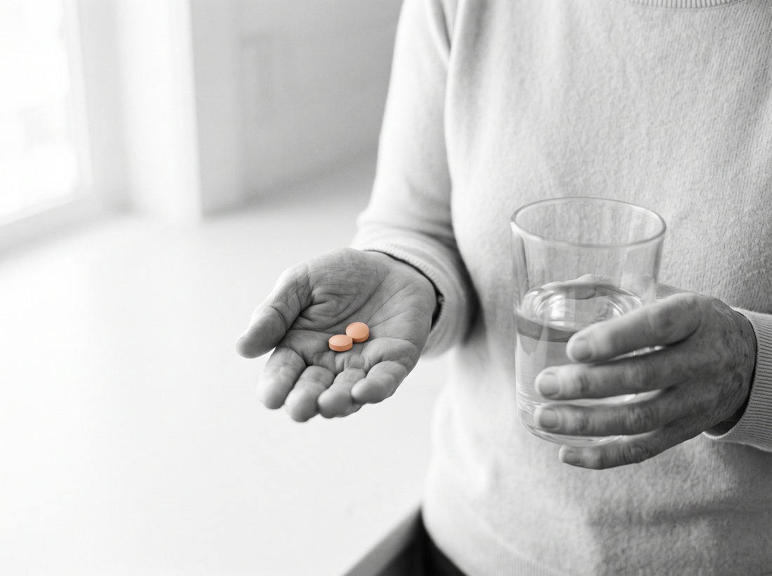 Oudere handen met twee tabletten en een glas water