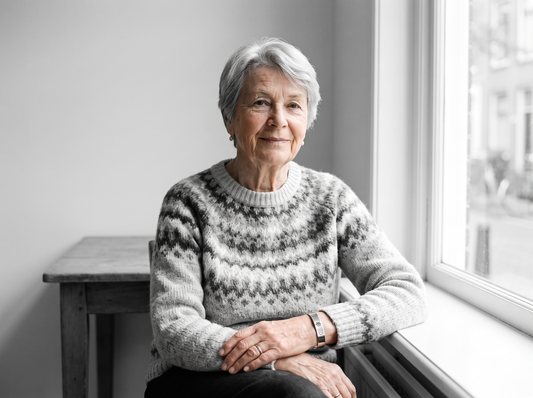 Oudere vrouw zit rustig bij het raam met een zilveren armband om haar pols