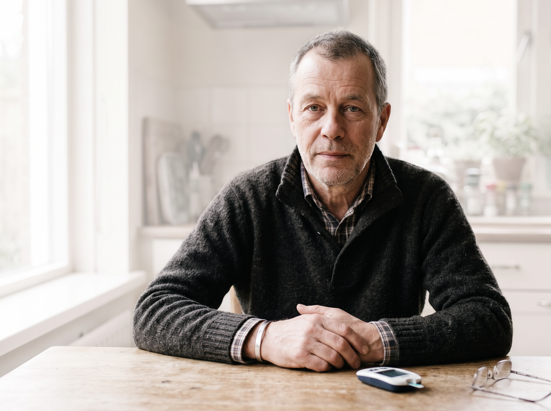 Man van middelbare leeftijd aan de keukentafel met een zilveren armband en bloedsuikermeter